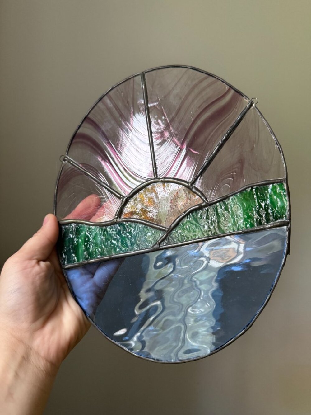 Handmade Stained Glass Hills Water Nature Scene 8x10" Oval Hanging Sun Catcher